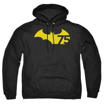 Black pullover hoodie with Batman 75 Logo 2 graphic