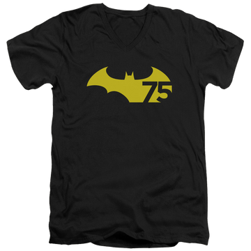 Black men's v-neck t-shirt with Batman 75 Logo 2 graphic