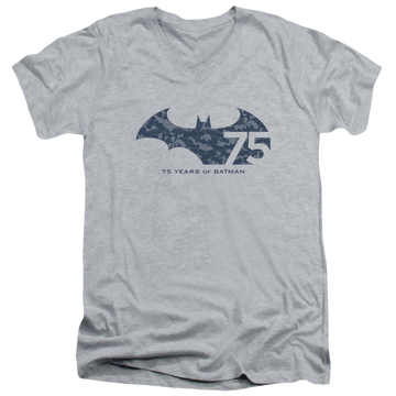 Athletic heather men's v-neck t-shirt with Batman 75 Year Collage graphic