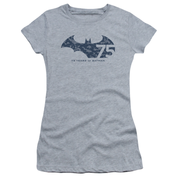 Athletic heather juniors t-shirt with Batman 75 Year Collage graphic