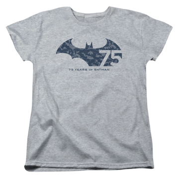 Athletic heather women's t-shirt with Batman 75 Year Collage graphic