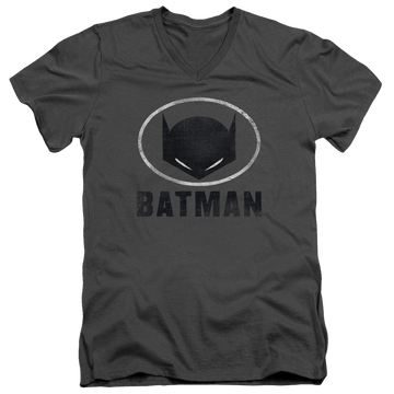 Charcoal men's v-neck t-shirt with Batman Mask In Oval graphic