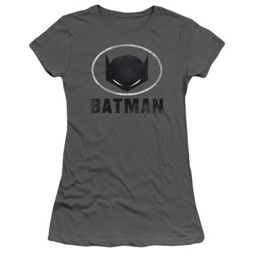 Charcoal juniors t-shirt with Batman Mask In Oval graphic