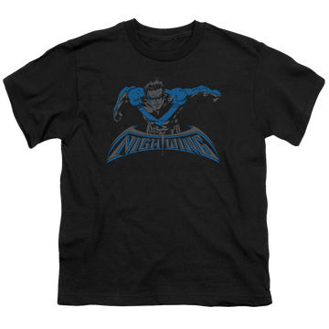Black youth t-shirt for ages 8 to 12 with Nightwing Wing Of The Night graphic