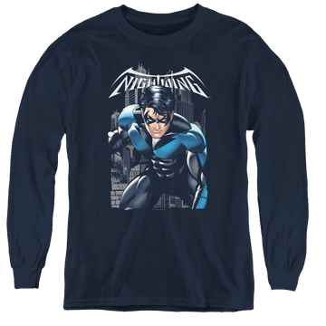 Navy youth long sleeve t-shirt with Nightwing A Legacy graphic
