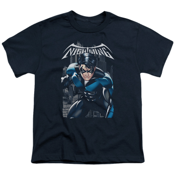 Navy youth t-shirt for ages 8 to 12 with Nightwing A Legacy graphic