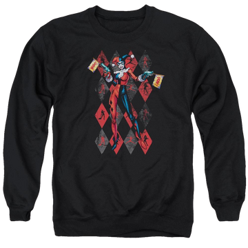 Black men's crewneck sweatshirt with Harley Quinn Batman Pow Pow graphic