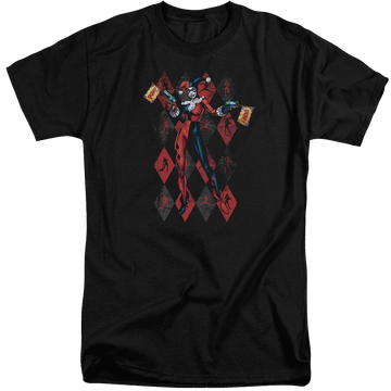 Black men's tall fit t-shirt with Harley Quinn Batman Pow Pow graphic