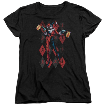 Black women's t-shirt with Harley Quinn Batman Pow Pow graphic