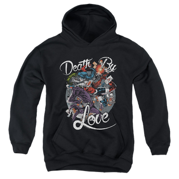 Black youth hoodie for ages 8 to 12 with Harley Quinn Death By Love graphic