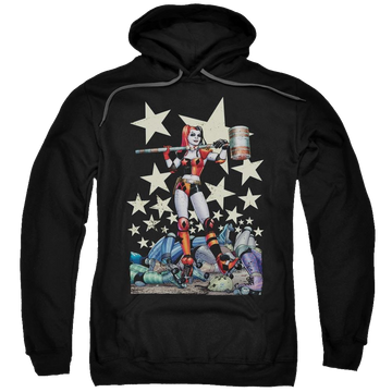Black pullover hoodie with Harley Quinn Batman Hammer Time graphic