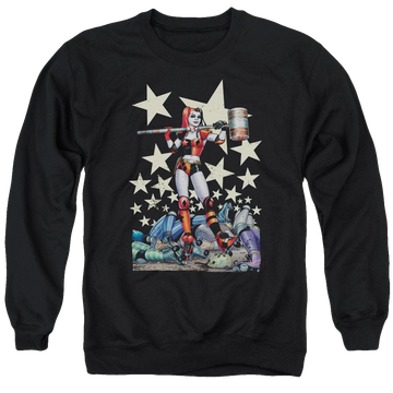 Black men's crewneck sweatshirt with Harley Quinn Batman Hammer Time graphic