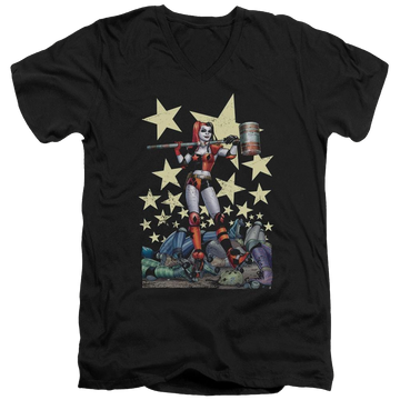 Black men's v-neck t-shirt with Harley Quinn Batman Hammer Time graphic