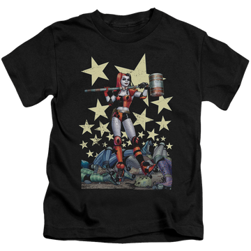 Black kid's t-shirt for ages 4 to 7 with Harley Quinn Hammer Time graphic