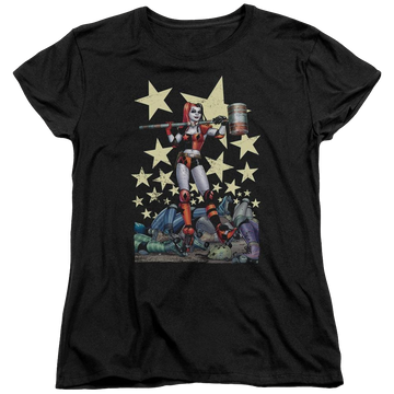Black women's t-shirt with Harley Quinn Batman Hammer Time graphic