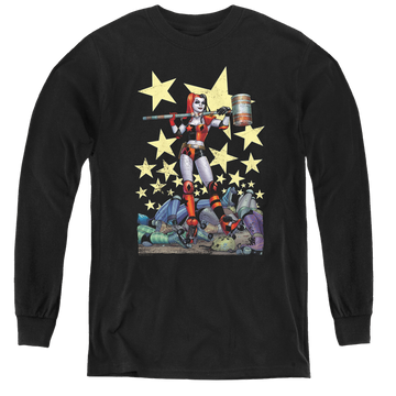 Black youth long sleeve t-shirt with Harley Quinn Hammer Time graphic