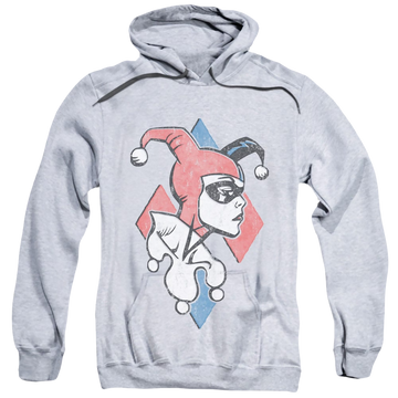 Athletic heather pullover hoodie with Harley Quinn Profiling graphic