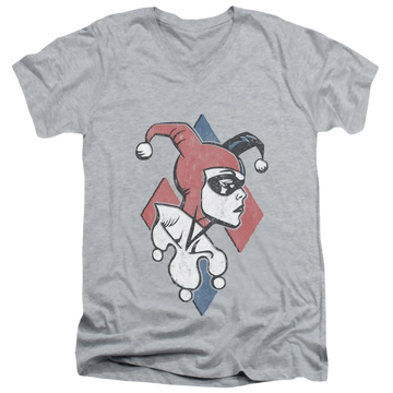 Athletic heather men's v-neck t-shirt with Harley Quinn Batman Profiling graphic
