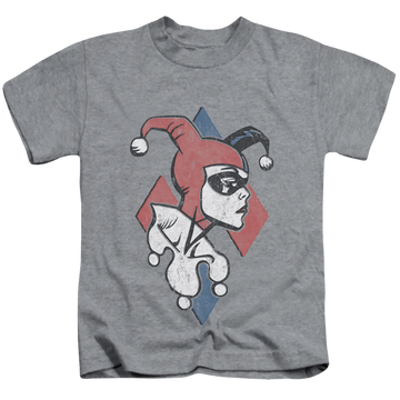 Athletic heather kid's t-shirt for ages 4 to 7 with Harley Quinn Profiling graphic