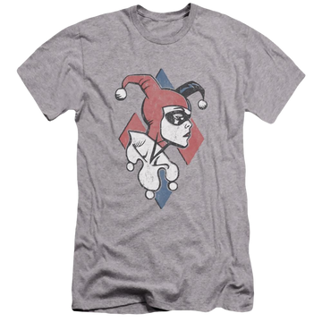 Athletic heather men's premium slim fit t-shirt with Harley Quinn Batman Profiling graphic