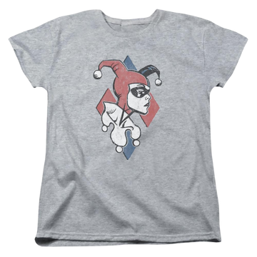 Athletic heather women's t-shirt with Harley Quinn Batman Profiling graphic