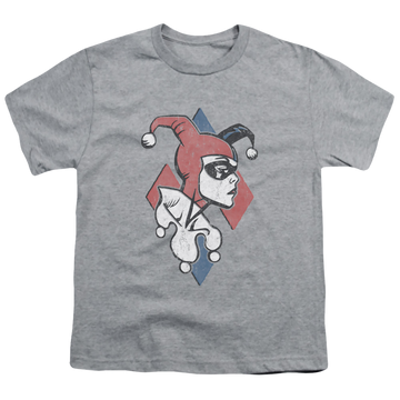 Athletic heather youth t-shirt for ages 8 to 12 with Harley Quinn Profiling graphic