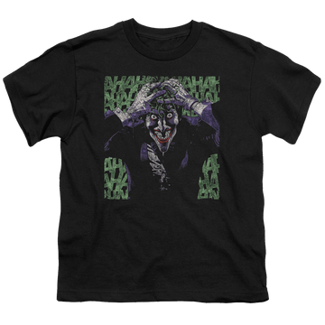 Black youth t-shirt for ages 8 to 12 with Joker Insanity graphic