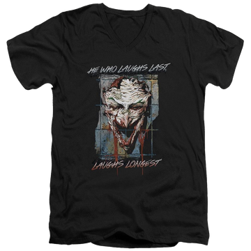 Black men's v-neck t-shirt with Joker Batman Just For Laughs graphic