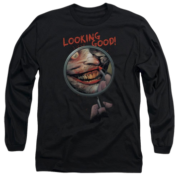 Black men's long sleeve t-shirt with Joker Batman Looking Good graphic