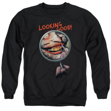 Black men's crewneck sweatshirt with Joker Batman Looking Good graphic