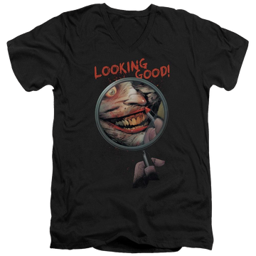 Black men's v-neck t-shirt with Joker Batman Looking Good graphic