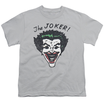 Silver youth t-shirt for ages 8 to 12 with Retro Joker graphic