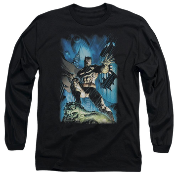 Black men's long sleeve t-shirt with Batman Stormy Dark Knight graphic