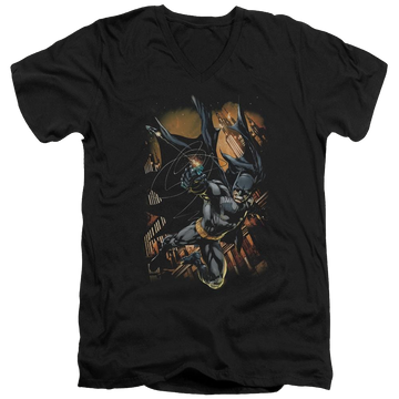 Black men's v-neck t-shirt with Batman Grapple Fire graphic