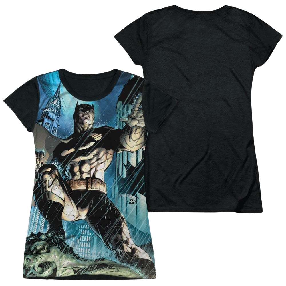 Batman Rainy Rooftop - Juniors Black Back T-Shirt Juniors Black Back T-Shirt Batman