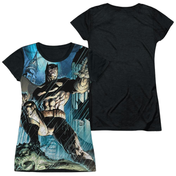 Batman Rainy Rooftop - Juniors Black Back T-Shirt Juniors Black Back T-Shirt Batman
