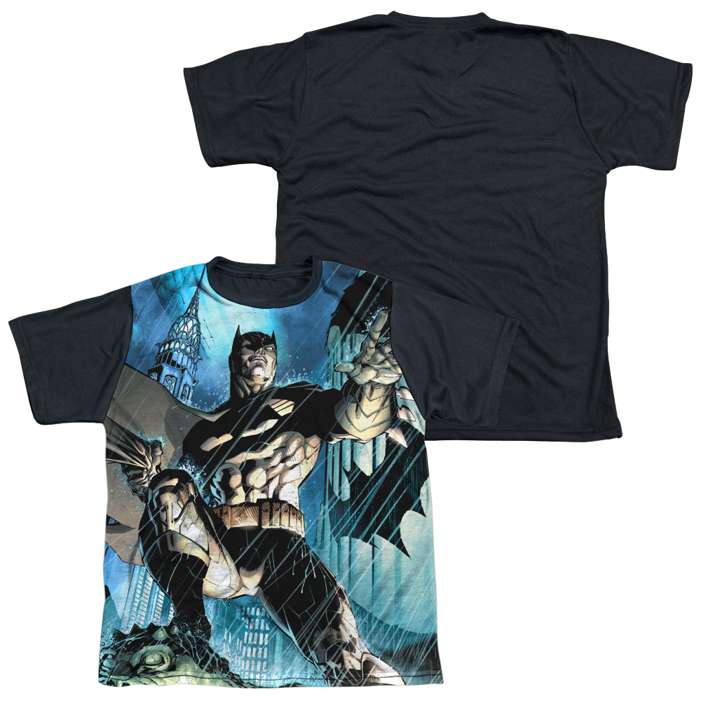 DC Batman Rainy Rooftop - Youth Black Back T-Shirt Youth Black Back T-Shirt (Ages 8-12) Batman
