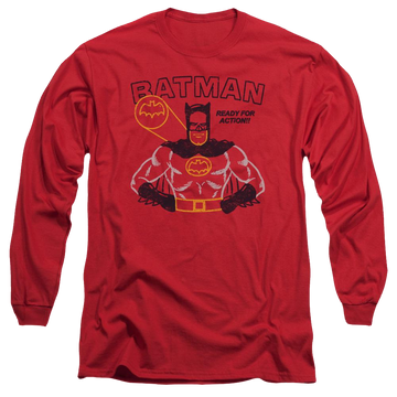 Red men's long sleeve t-shirt with Batman Ready For Action graphic