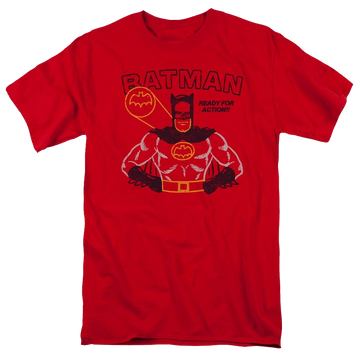 Red men's regular fit t-shirt with Batman Ready For Action graphic