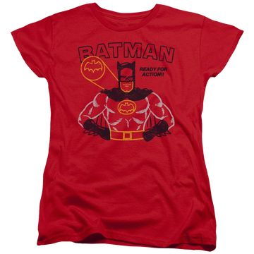 Red women's t-shirt with Batman Ready For Action graphic