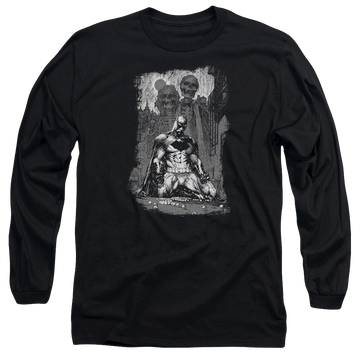Black men's long sleeve t-shirt with Batman Sketchy Shadows graphic