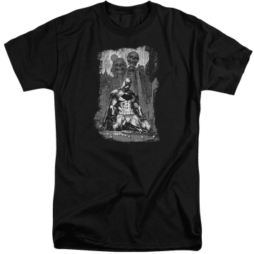 Black men's tall fit t-shirt with Batman Sketchy Shadows graphic