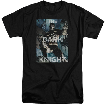 Black men's tall fit t-shirt with Batman Fighting The Storm graphic