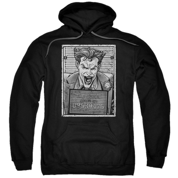 Black pullover hoodie with Batman Joker Inmate graphic