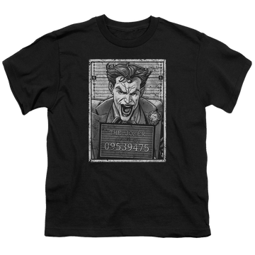 Black youth t-shirt for ages 8 to 12 with Joker Inmate graphic