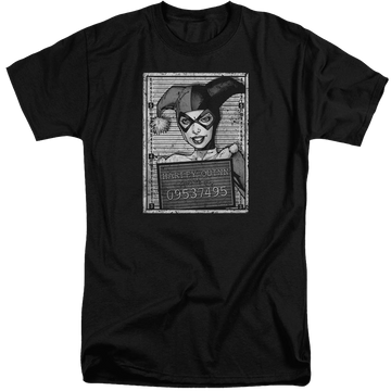 Black men's tall fit t-shirt with Harley Quinn Batman Harley Inmate graphic