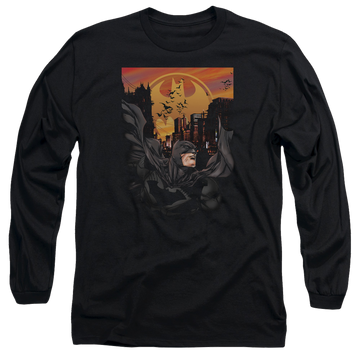 Black men's long sleeve t-shirt with Batman Always On Call graphic