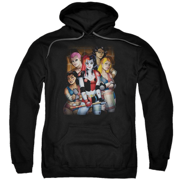 Black pullover hoodie with Harley Quinn Batman Bad Girls graphic