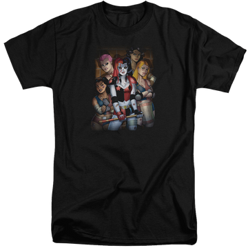 Black men's tall fit t-shirt with Harley Quinn Batman Bad Girls graphic