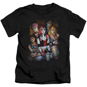 Black kid's t-shirt for ages 4 to 7 with Harley Quinn Bad Girls graphic